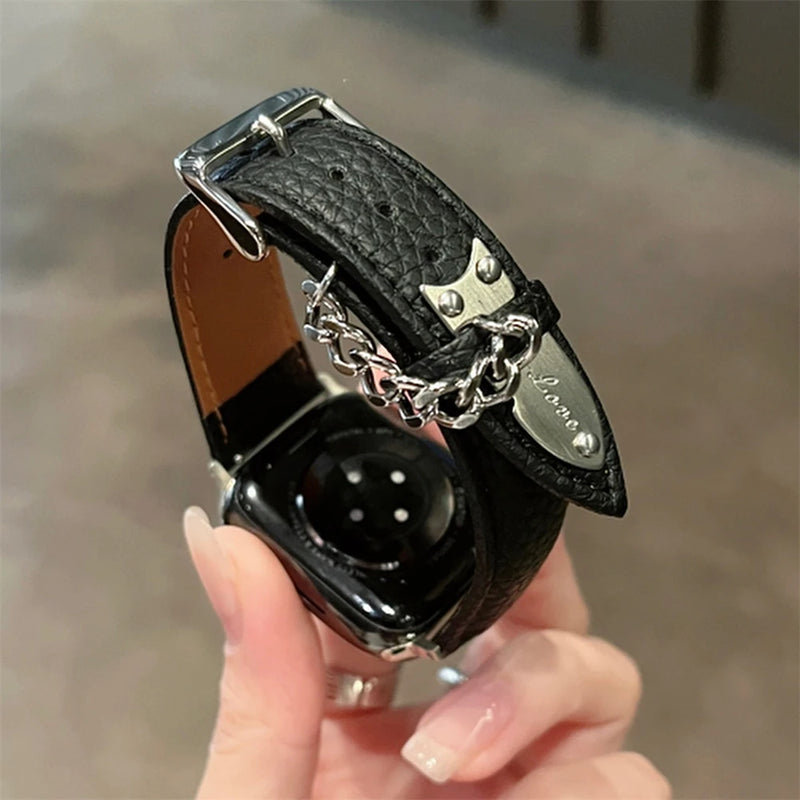 Y2K Metal Chain Lychee Pattern Leather Strap For Apple Watch Band 49mm 9 7 8 41mm 45 Girl Bracelet For iWatch SE 6 5 4 40mm 44mm