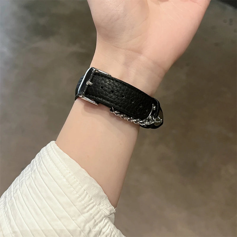 Y2K Metal Chain Lychee Pattern Leather Strap For Apple Watch Band 49mm 9 7 8 41mm 45 Girl Bracelet For iWatch SE 6 5 4 40mm 44mm